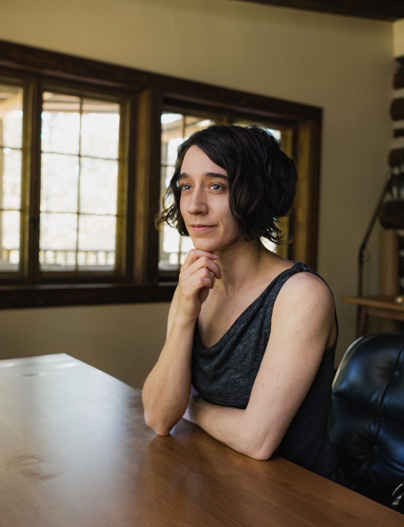 Ella Jacobson at her writing desk, photographed at Loghaven